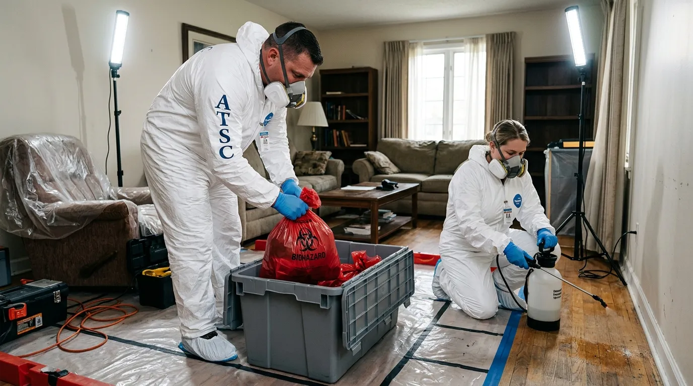 Professional Biohazard Cleanup technician in full PPE working in Sandy Springs
